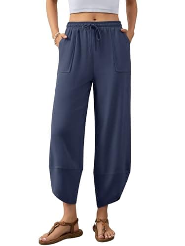 Jiflora Womens Baggy Wide Leg Cotton Linen Pants Barrel Drawstring Elastic Waist with Pockets Beach Navy Blue M - Image 1