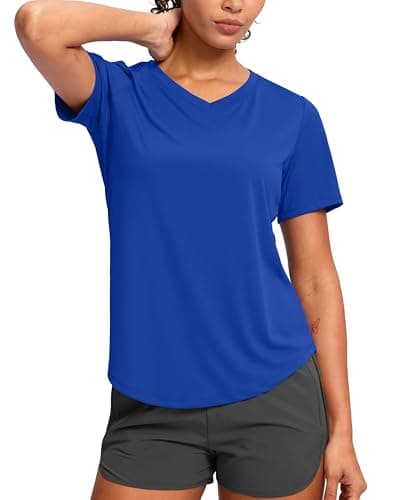 Womens Workout Shirts V-Neck Short Sleeve UPF 50+ Sun Shirt Moisture Wicking Dry Fit Top for Gym, Running, Athletic (Blue, XXL) - Image 1
