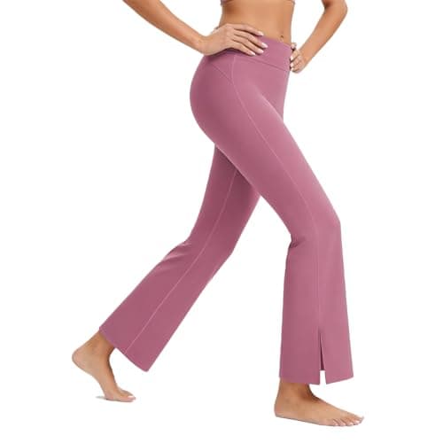 AMLEER Women's High Waist Full-Length Flare Leggings with Side Slit - Tummy Control Butt Lifting Gym Yoga Pants (PeachRed, X-Large) - Image 1