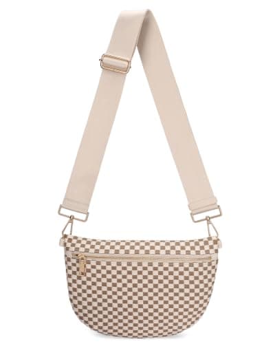 WOOMADA Checkered PU Bum Bag Sling Purse with Adjustable Strap for Travel(Ivory Light Khaki Check) - Image 1