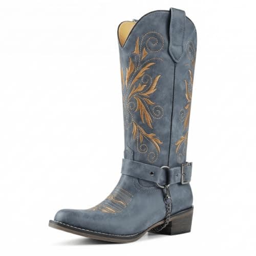 GPXGPX Wide Calf Cowboy Boots Women Embroidered Cowgirl Boots Mid Calf, With Removable Belt Low Block Heel Round Toe Western Boots Blue 7 - Image 1