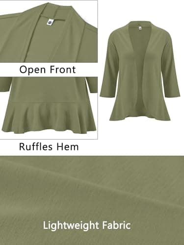 AusLook Women's Plus Size 3/4 Sleeve Lightweight Open Front Cardigan Light Green 3X Draped Ruffles Causal Cover Ups Shrugs Tops Shawls and Wraps Kimono Jacket Coat - Thumbnail 5