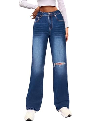 Genleck Women Loose Ripped Boyfriends Jeans High Waist Baggy Denim Pants Distressed Wide Leg Jeans Y2K Lapis Longing M - Image 1