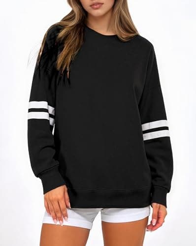 KevaMolly Women Varsity Striped Drop Shoulder Sweatshirt Black S - Thumbnail 4