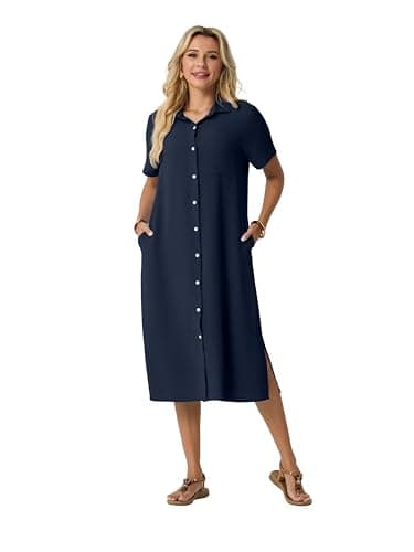 HiMONE Women’s Casual Shirt Dress Button Down Midi Dress Short Sleeve Collared Loose Fit Summer Dress with Pocket Side Slit - Thumbnail 5