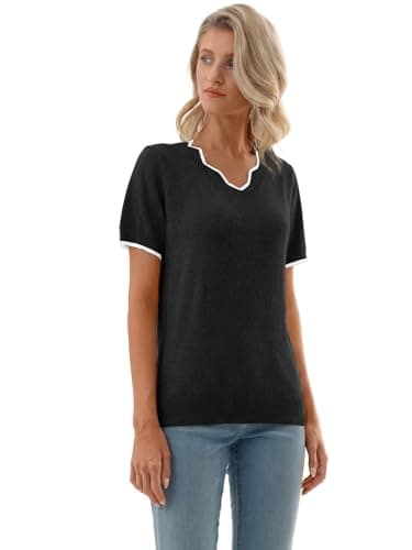 GKBK Women Short Sleeve V Neck Sweater Lightweight Pullover Top Fashion Clothing for Business Casual Work Outfits Spring Summer 2026 Black XX-Large - Thumbnail 6