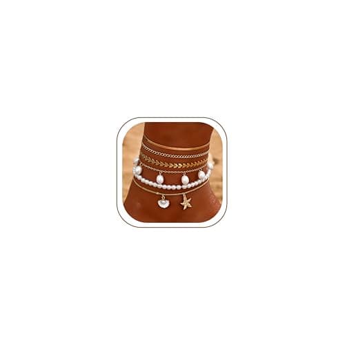 FAXHION Gold Ankle Bracelets for Women Waterproof, Shell Pearl Bead Cuban Link Chain Adjustable Anklets Set, Hawaiian Boho Anklet Beach Jewelry Gift for Women - Image 1