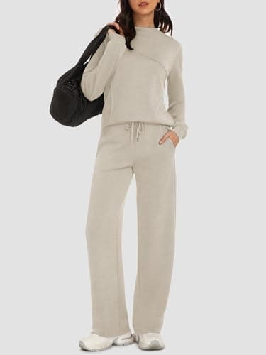 Casly Lamiit 2 Piece Outfits for Women Trendy Lounge Set Fall Mock Neck Tracksuit Wide Leg Pants Matching Sets Casual Work Travel Clothes Dark Beige M - Thumbnail 4