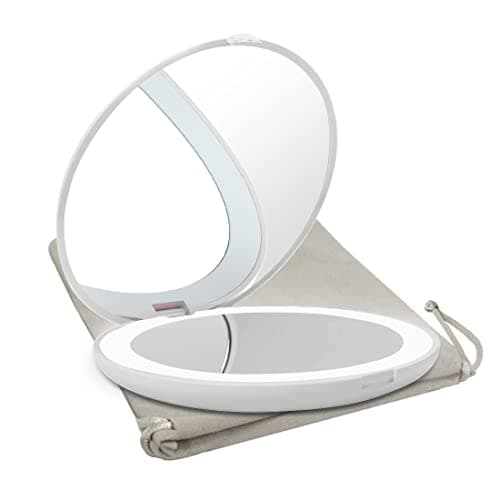Milishow Travel Mirror with LED Lighted, 1x/10x Magnification Compact Mirror with Light, 2-Sided Illuminated Folding Round Mirror, Handheld Pocket Makeup Mirror (White)