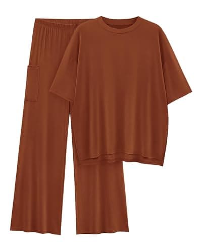 KIRUNDO 2 Piece Lounge Sets for Women Airport Travel Vacation Outfits Summer Casual Loose Short Sleeve Tops & Wide Leg Pants(Brown, Medium) - Image 1