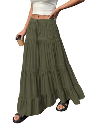 BTFBM Spring Skirts for Women 2026 Summer Boho Beach Vacation Clothes Casual Pleated High Waisted Flowy Maxi Skirt(Army Green, X-Large) - Thumbnail 2