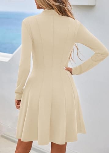 Lazysmile Fall Dresses for Women 2025 Long Sleeve V Neck Half Zip A Line Swing Casual Party Club Mini Short Dress Apricot - Thumbnail 2