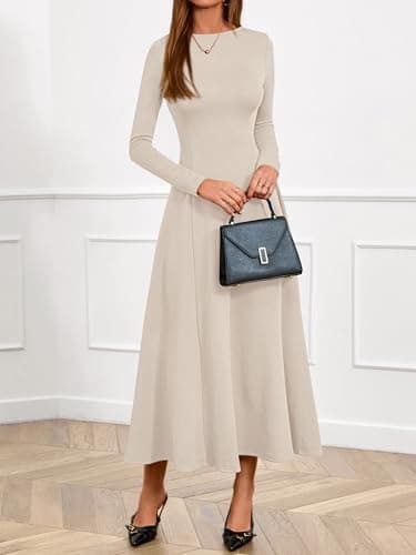 BTFBM Spring Dresses for Women 2026 Trendy Boat Neck Long Sleeve A Line Flowy Knit Loose Casual Elegant Party Maxi Dress(Beige, Large) - Thumbnail 6