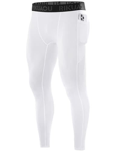 RIKUAOU Men’s Compression Pants Running Leggings Athletic Base Layer Workout Tights with Pockets for Sports Basketball White