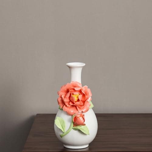 Handmade Pinched Flowers Ceramic Vase with One Ceramic Rose Flower, Home Decor Ceramic Vase for Dining Table, Living Room, Kitchen, Bedroom, Shelf, Office, Coffee Table, Restaurant & Fireplace Mantel - Thumbnail 5