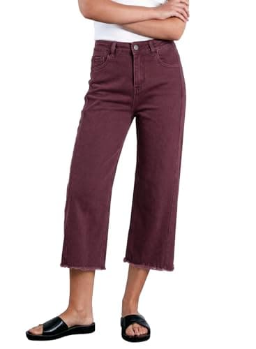 Sidefeel Women's Cropped Pants Wide Leg Jeans High Waisted Stretchy Raw Hem Capr Jeans Size 14 Burgundy - Image 1