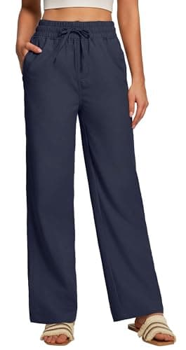 Heathyoga Linen Pants Women Summer Cotton Beach Pants for Women Casual Wide Leg Palazzo Pants Drawstring Vacation Outfits Dark Blue - Image 1
