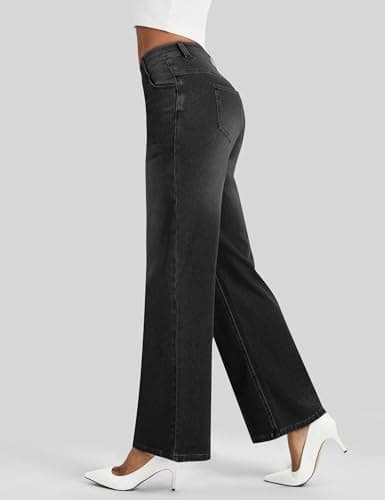 AVAMO Wide Leg Jeans Woman Stretchy Pull on Sweatpant Jeans for Women Elastic High Waisted Straight Leg Baggy Denim Pants Dark Grey - Thumbnail 5