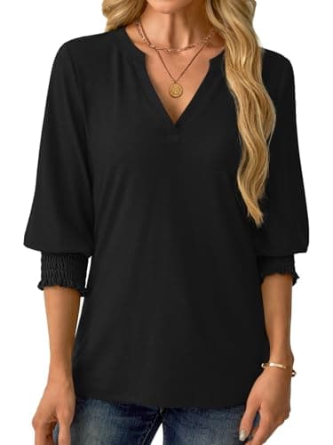 GKBK Womens 3/4 Sleeve Shirts V Neck Dressy Casual Spring Summer Blouses with Smocked Cuffs A- Black - Thumbnail 4