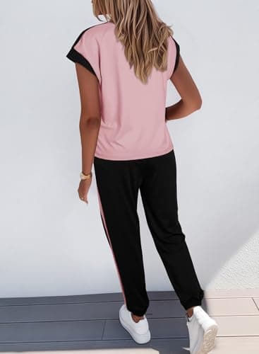 Dokotoo Two Piece Sets for Women Summer Outfits Colorblock Short Sleeve Crewneck Jogger Lounge Sets Matching Pajamas Loungewear Women Clothing Fall Fashion Trendy - Thumbnail 3