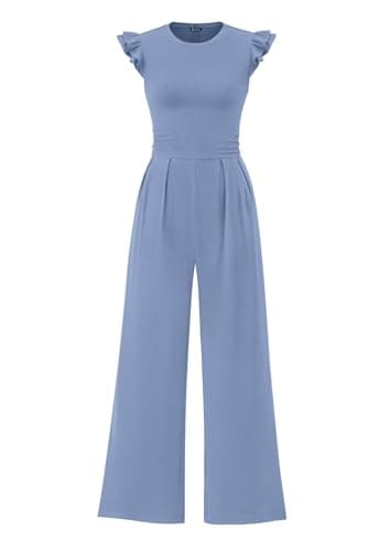 PRETTYGARDEN Summer Jumpsuits for Women Dressy 2026 Fashion Ruffle Cap Sleeve Romper Crew Neck Rib Knit One Piece Outfits (Blue Grey,Medium) - Image 1