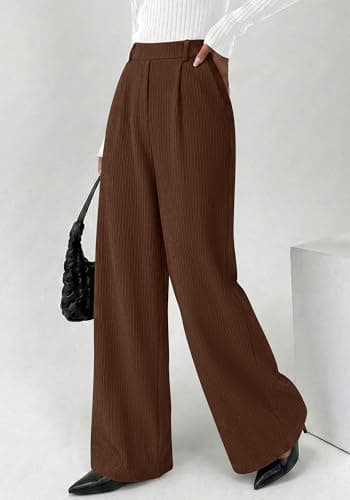 BTFBM Wide Leg Pants for Women Dressy Work Business Casual Elastic High Waisted Trousers Ribbed Lounge Palazzo Pants(Brown, Large) - Thumbnail 3