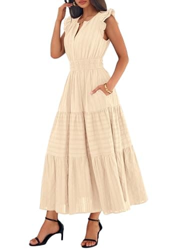 BTFBM Womens Summer Maxi Dress 2026 Spring Boho Vacation Ruffle Flutter Short Sleeve A Line Tiered Flowy Dresses Pockets(Apricot, Small) - Thumbnail 5
