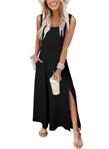Acelitt Summer Dresses for Women 2025 Casual Crew Neck Sleeveless Sundresses Beach Vacation Clothes with Pockets Black Large - Image 1