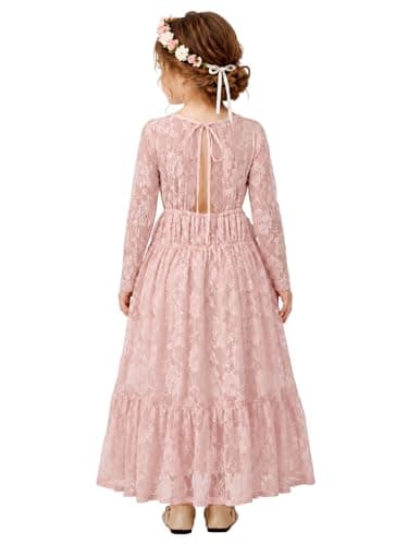 ALLOVIN Toddler & Girls Long Sleeve Lace Flower Girl Dress Maxi Boho A-Line Dress for Wedding Baptism 1st Communion | Dusty Pink | 8-9Y - Image 1