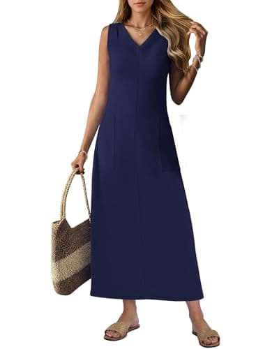 MISFAY Sleeveless Maxi Dress V-Neck Wrinkle-Free Sundress Navy Blue - Image 1