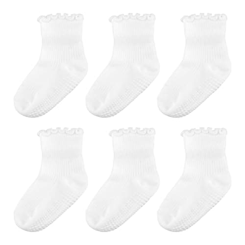 Henland-Jump 6 Pairs Toddler Ruffle Socks for Girls - Baby Grip Socks with Non-Slip, Cute Grippy Frilly Design - Image 1