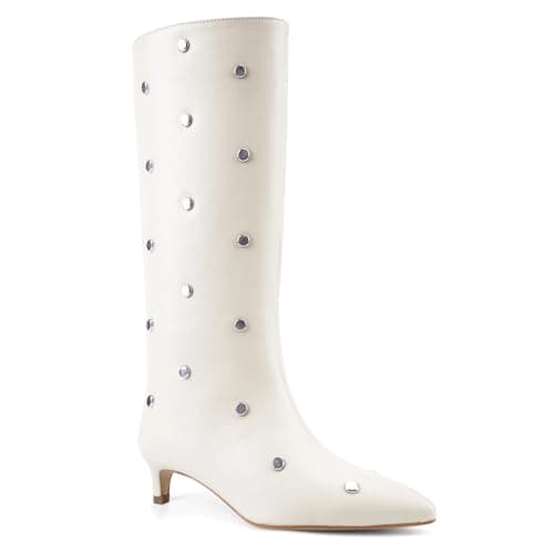 QIV White Studded Knee High Boots Women Pointed Toe Kitten Heel Mid Wide Calf Boots with Zipper Size 9 - Thumbnail 6