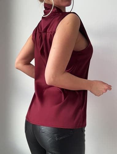 ZAFUL Women's Silk Satin Tank Tops Bow Tie Knot Mock Neck Casual Sleeveless Blouses Summer Basic Tanks Shirt Wine Red XL - Thumbnail 4