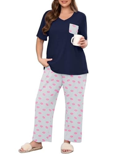 AusLook Plus Women Pajamas Set 2 Piece Lounge Sets Short Sleeve Top and Full Length Pant Chest Pocket Matching Maternity Christmas Print Pink Lipstick 5X Pjs Loungewear Sleepwear - Image 1