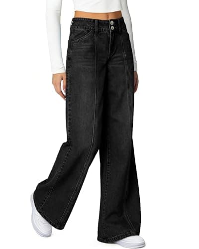 Flvsun Women's Wide Leg Jeans High Waisted Stretchy Straight Leg Jeans Trendy Seamed Front Loose Fit Denim Pants Black S - Thumbnail 2