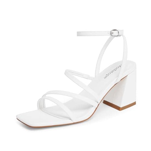 Modatope Square Toe Heeled Sandals White Strappy Heels Women Open Toe Chunky Heels White Ankle Strap Sandals for Women Size 9.5 - Image 1