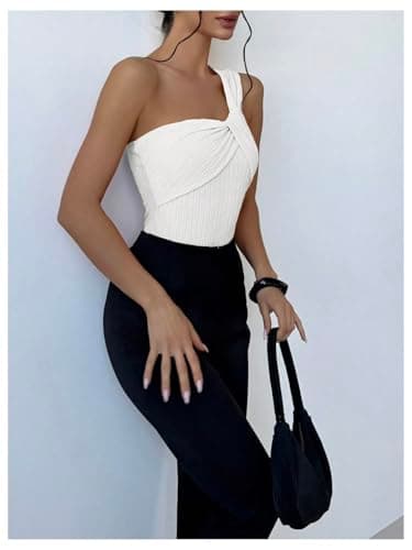 GORGLITTER Women's Twist Front One Shoulder Bodysuit Sleeveless Backless Asymmetrical Neck Tank Top Jumpsuits White Medium - Thumbnail 5
