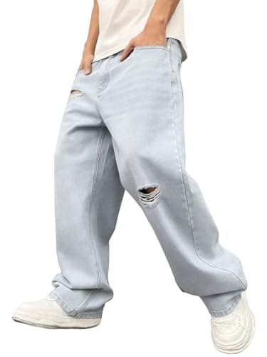 ALLABREVE Men's Baggy Hip Hop Jeans Y2k Wide Leg Denim Pants Relaxed Fit Skater Trousers Streetwear Light Blue - Image 1