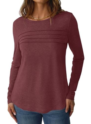 NORACORA Womens Long Sleeve Tops Spring Round Neck Dressy Shirts Tunic Pleated Tees Business Casual T-Shirts Fall Goning Out Outfits Wine Red L - Thumbnail 4