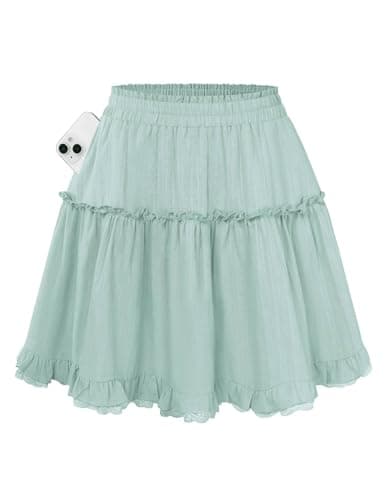 Kate Kasin Women Green Ruffle Mini Skirts with Pockets, Flowy Summer Skorts Dressy Casual, Cotton Skirts with Shorts Underneath L - Image 1