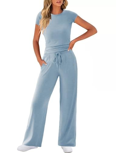 COPYLEAF Two Piece Lounge Sets for Women Wide Leg Drawstring Sweatpants Crop Top Matching Travel Outfits - Image 1