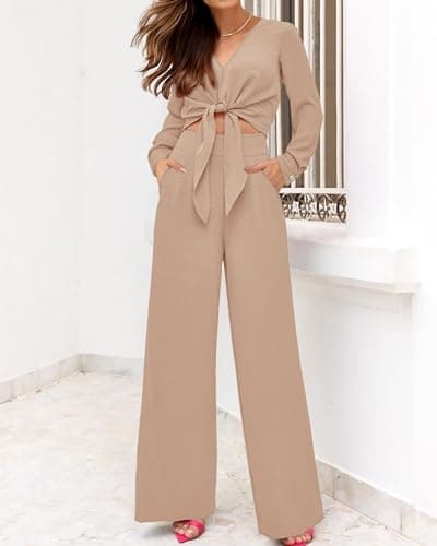 PRETTYGARDEN Women's 2 Piece Outfits 2025 Fall Fashion V Neck Long Sleeve Strappy Crop Top Wide Leg Pant Lounge Sets(Khaki,Large) - Thumbnail 6