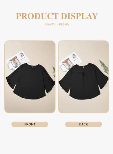 Eytino Women Plus Size Tops Dressy Casual 3/4 Length Sleeve Blouses Crewneck Ruffle Sleeve Shirts Summer Outfits Business Work Tops,3X Black - Thumbnail 4