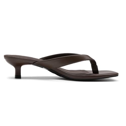 Athlefit Women's Kitten Heels Brown Flip Flops Square Toe Comfortable Low Heels Slip On Summer Heeled Thong Sandals Brown Size 6 - Thumbnail 4