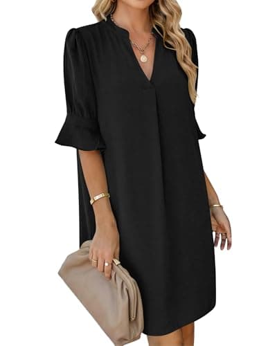 AUSELILY Black Dresses for Women V Neck Ruffle Short Sleeve Casual Shift Dress, Black 3XL - Image 1