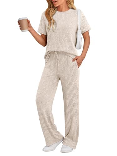 LILLUSORY 2 Piece Lounge Sets for Women Matching Summer Travel Outfits Spring Capsule Wardrobe Cruise Sets Cute Casual Pajamas Maternity 2026 Airport Clothes Apricot S - Image 1