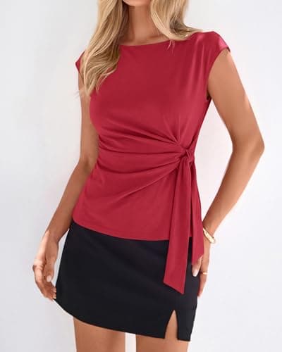 BTFBM Womens Tops Summer 2026 Cap Sleeve Crew Neck Tie Waist Blouses Dressy Casual Business Work Clothes Early Fall Fashion(Bright Red, Medium) - Thumbnail 4