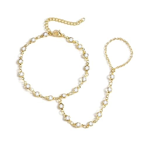 BAYLAY Hand Chain Bracelet, Ring Bracelet Hand Chain 14K Gold Plated CZ Emerald Finger Ring Slave Bracelets Dainty Gold Bracelet for Women Boho Hands Jewelry for Women Gifts Trendy Stuff - Image 1