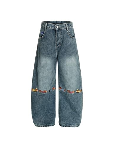Aelfric Eden Dachshund Embroidery Baggy Barrel Jeans Wide Leg Y2K Denim Pants Straight Loose Jeans Streetwear Unisex Blue 26