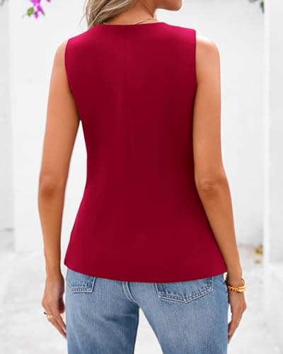 BTFBM Summer Sleeveless Blazer Vest For Women Dressy Button Down Round Neck Business Casual Outfits Work Suit Vests Tops(Red, Medium) - Thumbnail 3